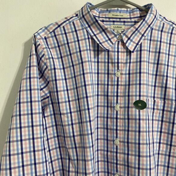 L.L. Bean Dress Shirt Men's XL Blue White Pink Plaid Pinpoint Oxford 100% Cotton - Picture 4 of 12